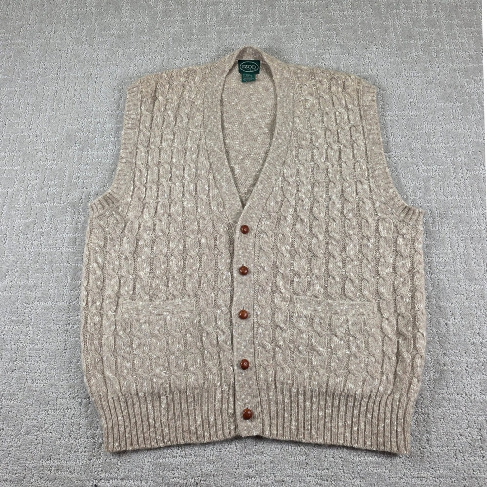 Vintage Izod Shetland Wool Blend Cable Knit Cardigan Sweater Vest Tan Mens Large